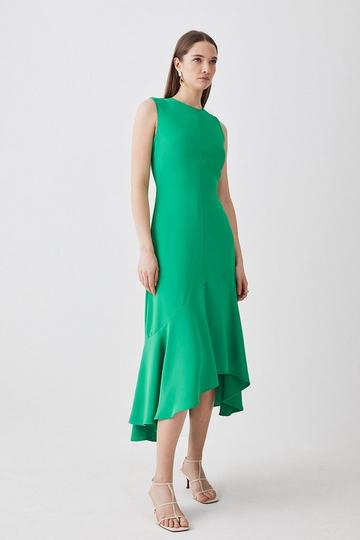 Green Soft Tailored Sleeveless Full Skirt High Low Midi Dress