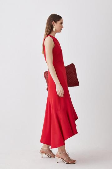 Red Soft Tailored Sleeveless Full Skirt High Low Midi Dress