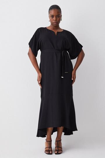 Black Plus Size Soft Tailored Tie Belt Relaxed Sleeve Midi Dress