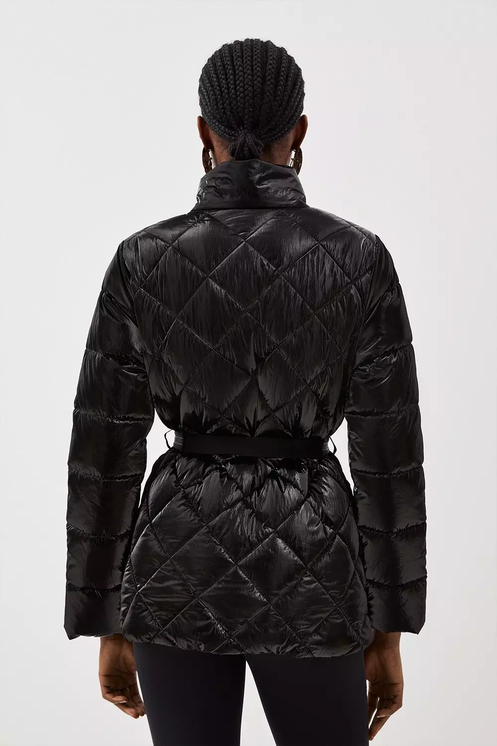 High Shine Puffer Quilt Detail Belted Short Coat Karen Millen