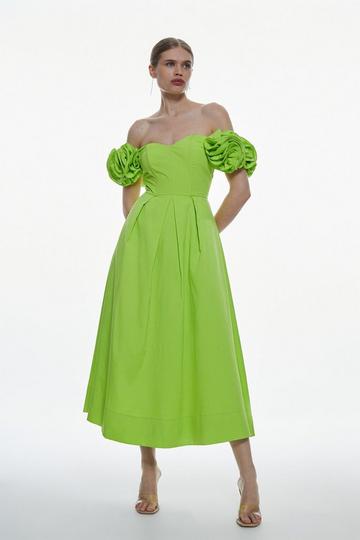 Taffeta Rosette Corseted Woven Midi Dress lime