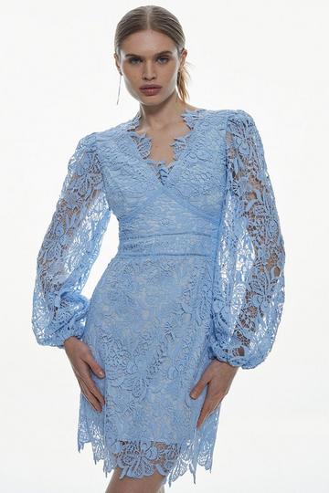 Blue Chemical Lace V Neck Woven Mini Dress