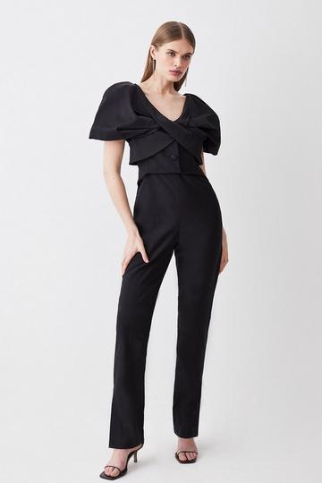 Black Italian Wool Blend Satin Couture Draped Jumpsuit