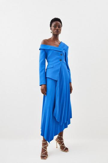 Tailored Crepe Asymmetric Pleated Midi Dress cobalt