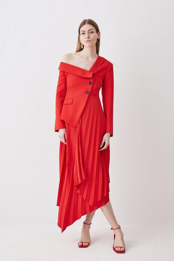 Red Tailored Crepe Asymmetric Pleated Midi Dress