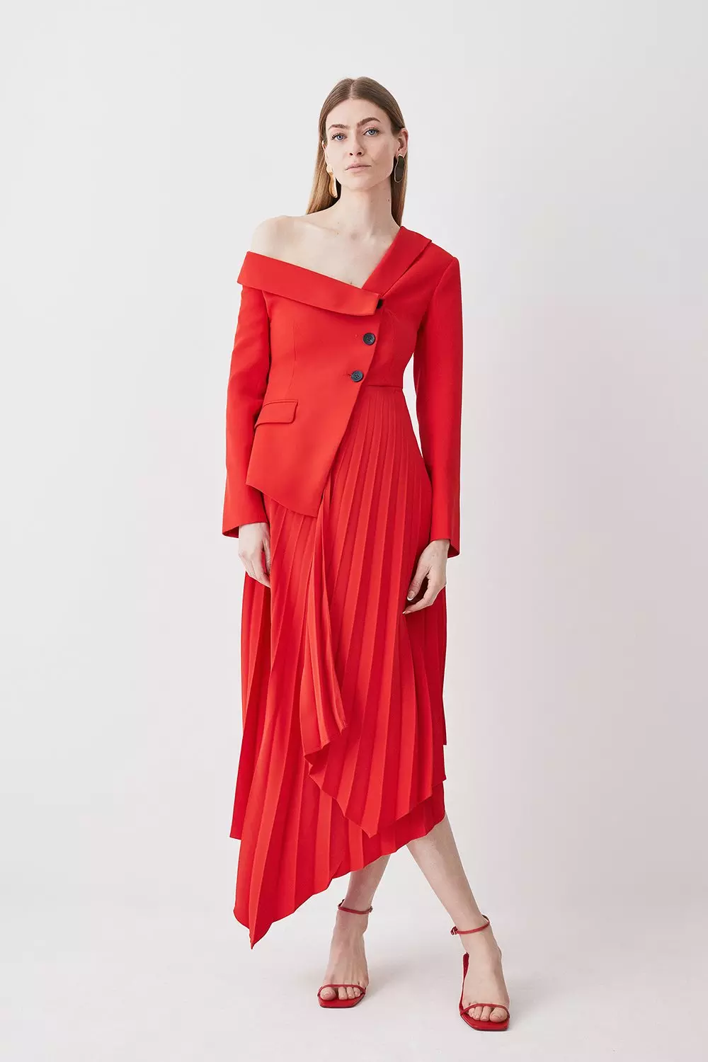 Tailored Crepe Asymmetric Pleated Midi Dress