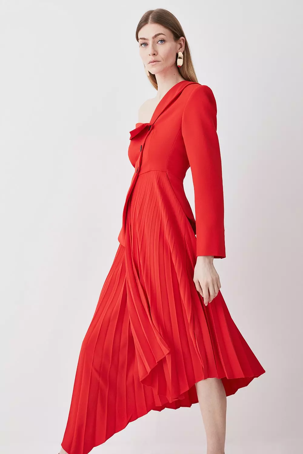 Tailored Crepe Asymmetric Pleated Midi Dress | Karen Millen