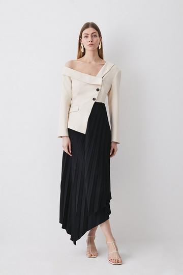 Black Petite Tailored Crepe Asymmetric Pleated Midi Dress