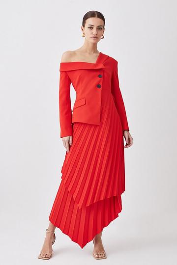 Red Petite Tailored Crepe Asymmetric Pleated Midi Dress