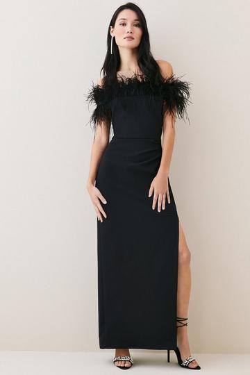 Black Petite Feather Off The Shoulder Stretch Crepe Maxi Dress