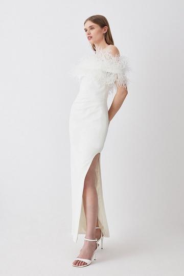 Petite Feather Bardot Stretch Crepe Maxi Dress ivory