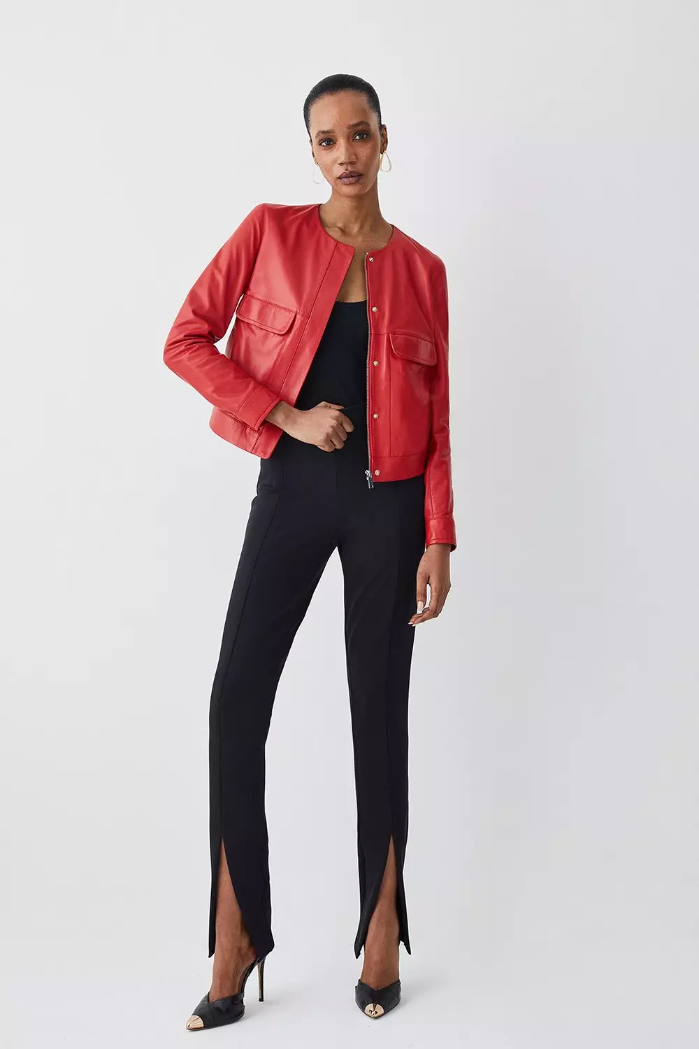 Leather Collarless Pocket Detail Jacket Karen Millen