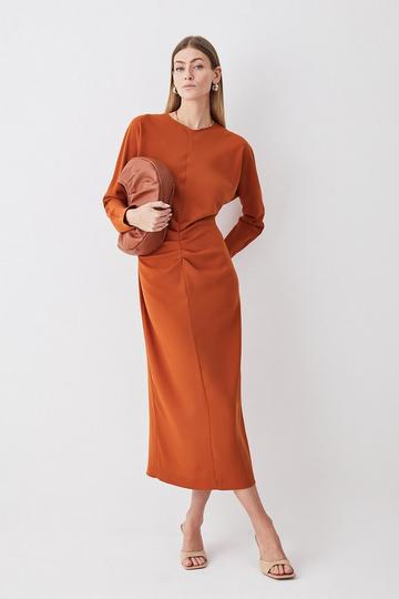 Ruched Crepe Rounded Sleeve Midi Dress chocolate