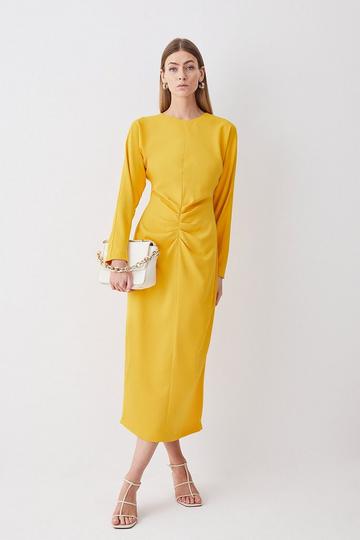 Ruched Crepe Rounded Sleeve Midi Dress ochre
