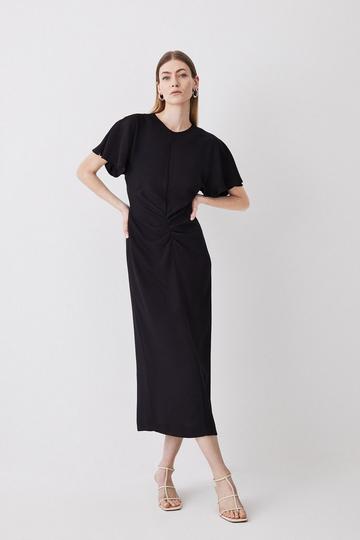 Black Ruched Front Crepe Midi Dress
