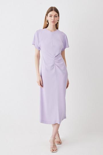 Lilac Purple Ruched Front Crepe Midi Dress
