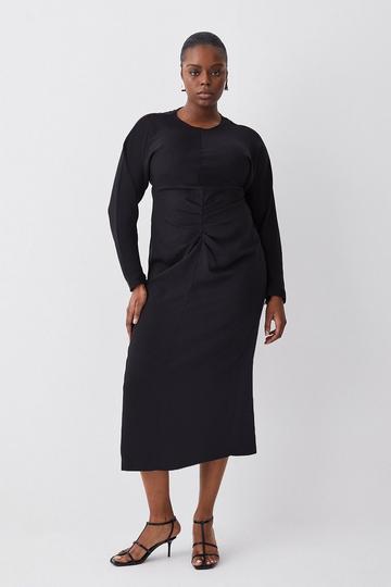 Plus Ruched Front Crepe Rounded Sleeve Midi Dress black