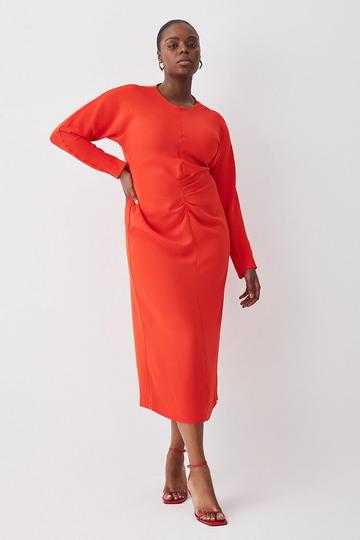 Plus Ruched Front Crepe Rounded Sleeve Midi Dress red