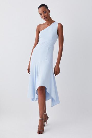 Blue One Shoulder Soft Tailored High Low Midi Dress