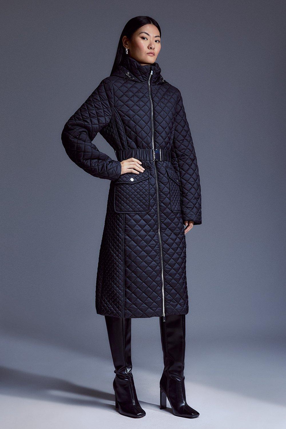 Diamond Quilted Puffer Longline Belted Coat | Karen Millen