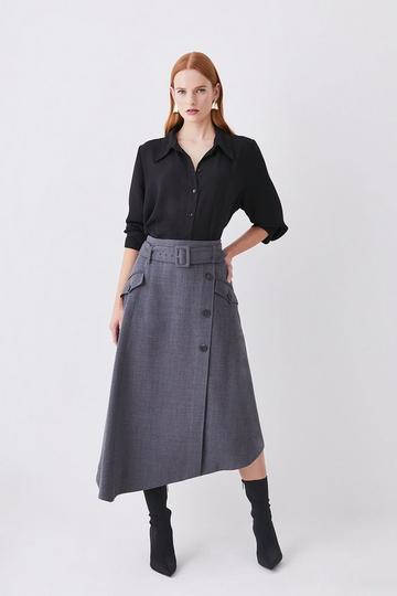 Premium Wool Flannel Belted Asymmetric Midi Skirt grey
