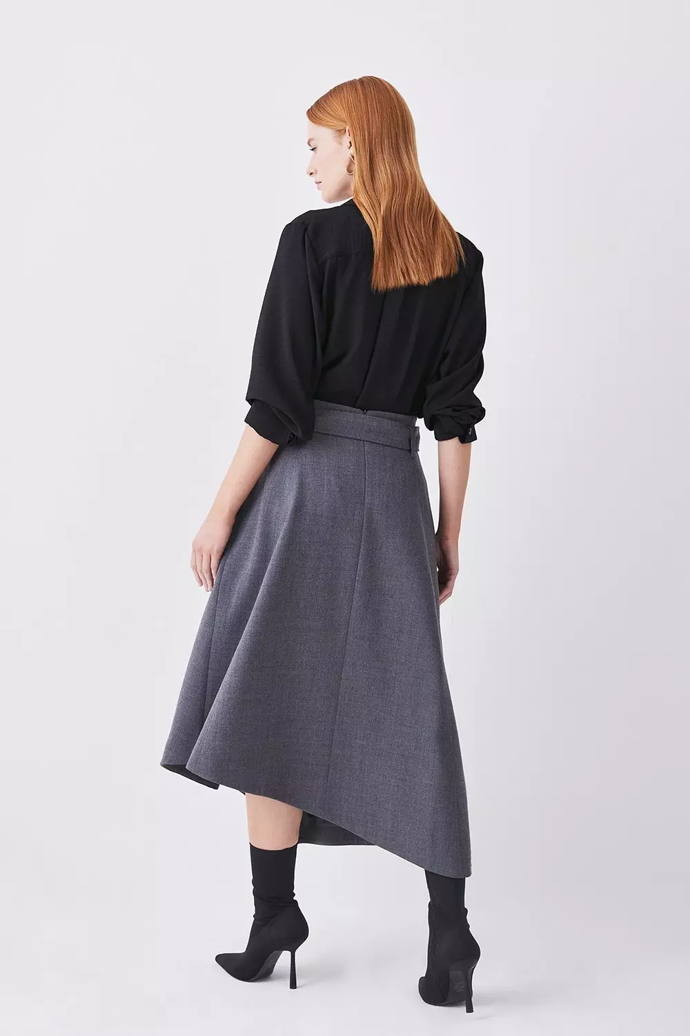 Premium Wool Flannel Belted Asymmetric Midi Skirt | Karen Millen