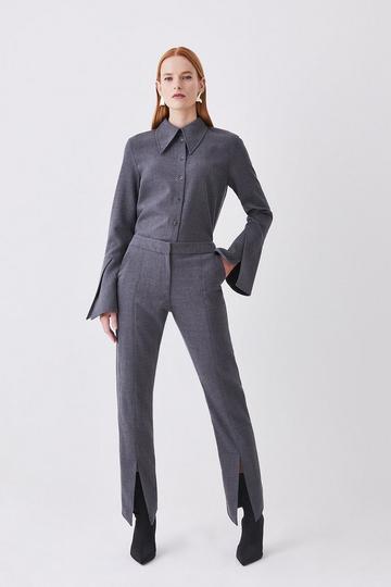 Grey Premium Wool Flannel Split Cuff Detail Slim Leg Pants