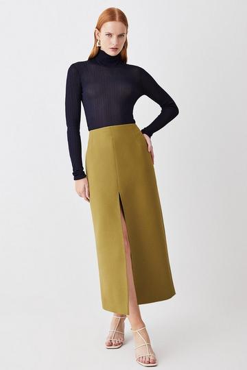 Compact Stretch Split Front Colum Midaxi Skirt khaki