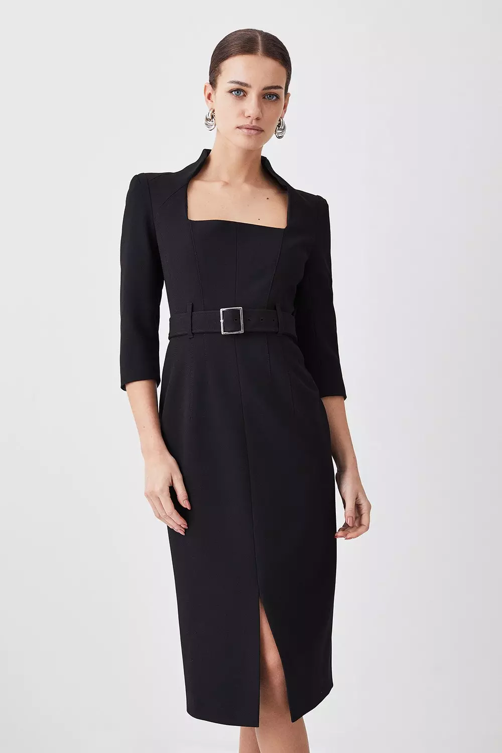 Calvin Klein Scuba Crepe 3/4 Sleeve Asymmetrical Embellished Bow Neck  Sheath Dress