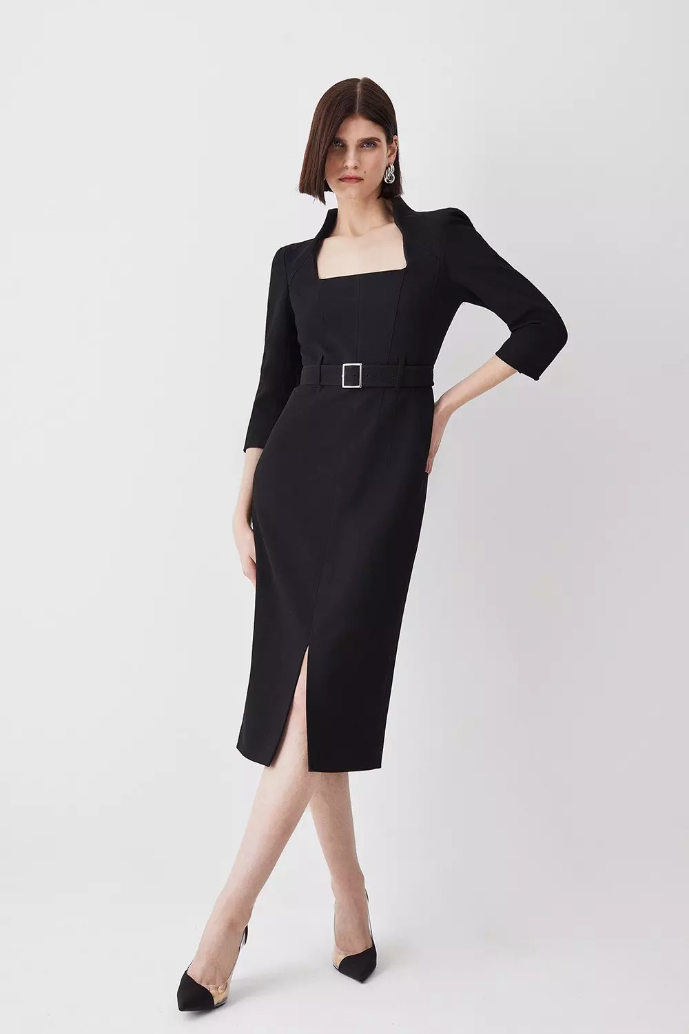 Black Crepe High Neck Split Sleeve Midi Dress