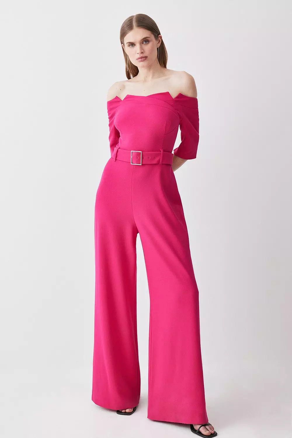 Off one shoulder pierced cheap belted wide leg jumpsuit