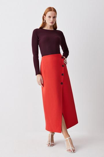 Red Compact Stretch Low Waist Wrap Midaxi Skirt
