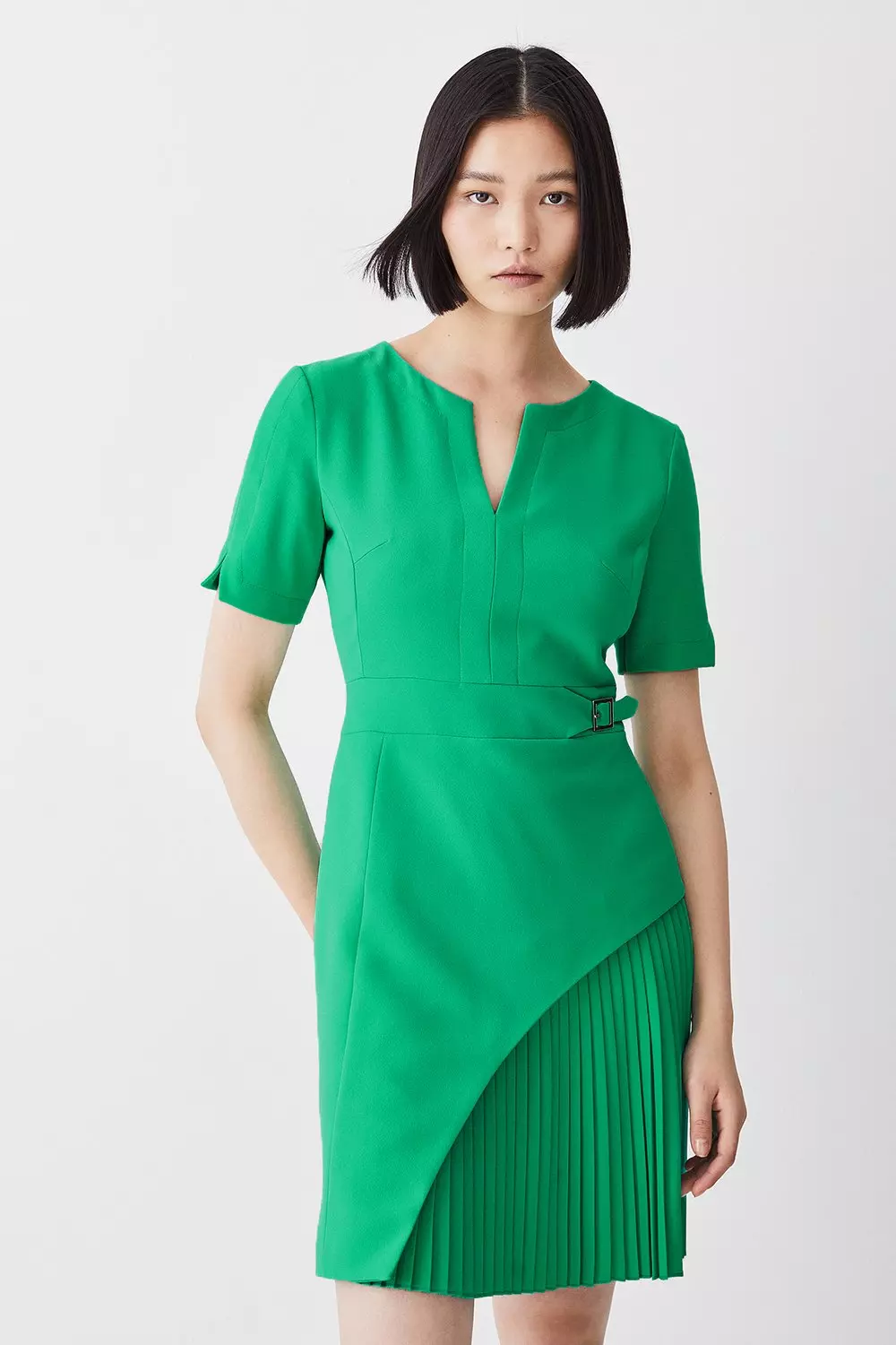 Tailored Military Pleat Notch Neck Wrap Mini Dress