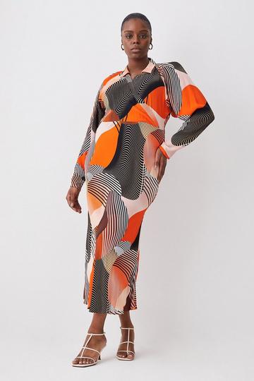 Orange Plus Size Spliced Geo Collared Batwing Midi Dress