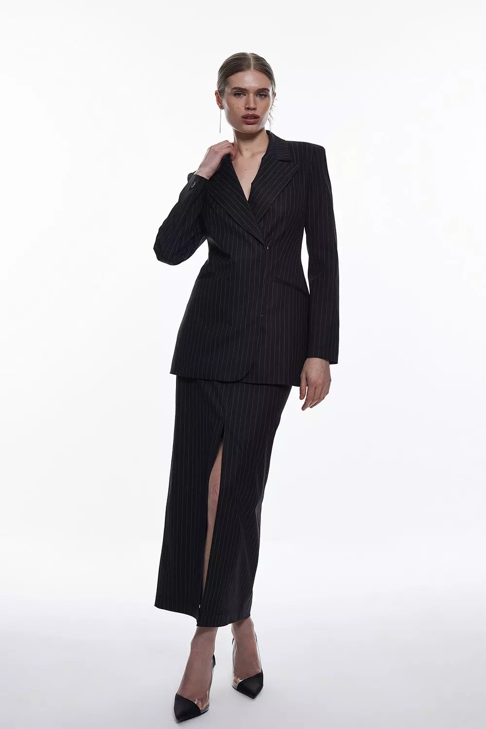 Long pinstripe outlet blazer