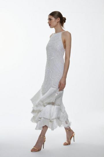 White Fringe Woven Midi Dress
