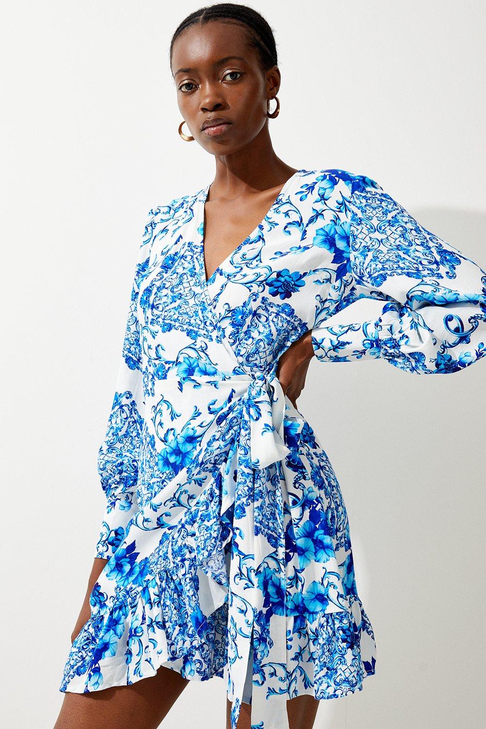 Blue ruffle wrap store dress