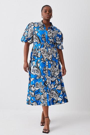 Plus Size Batik Viscose Linen Belted Midi Shirt Dress blue