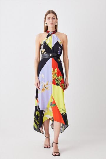 Color Block Floral Halter Neck Woven Midi Dress multi