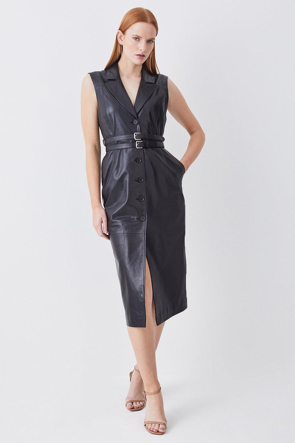 Lydia Millen Tall Leather Strong Shoulder Belted Midi Dress | Karen Millen