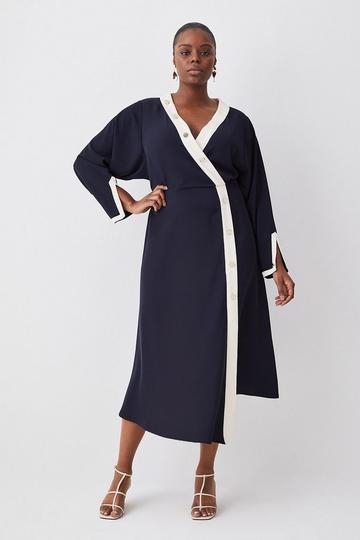 Plus Size Twill Asymetric Maxi Wrap Dress navy