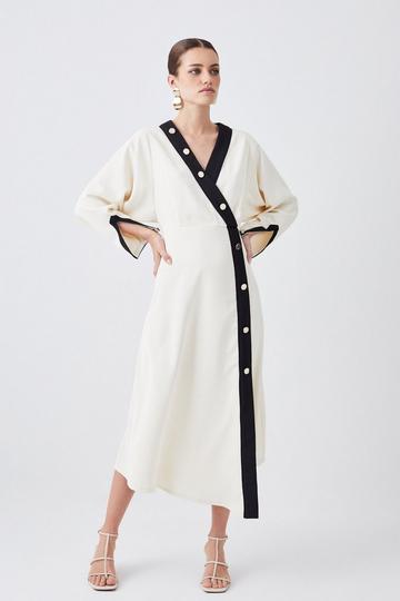 Petite Twill Asymmetric Midi Wrap Dress ivory