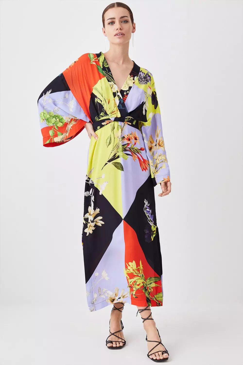 Petite Color Block Floral Kimono Woven Midi Dress Karen Millen