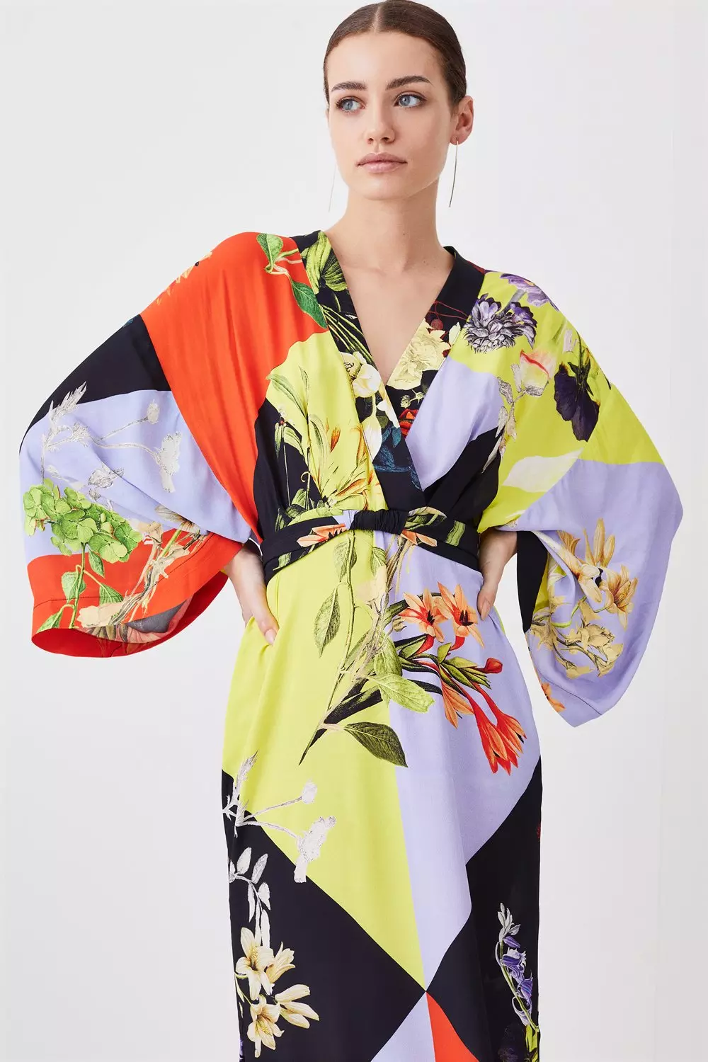 Petite Colour Block Floral Kimono Woven Midi Dress Karen Millen