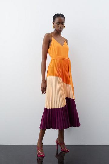 Orange Color Block Strappy Pleated Woven Midi Shirt Dress