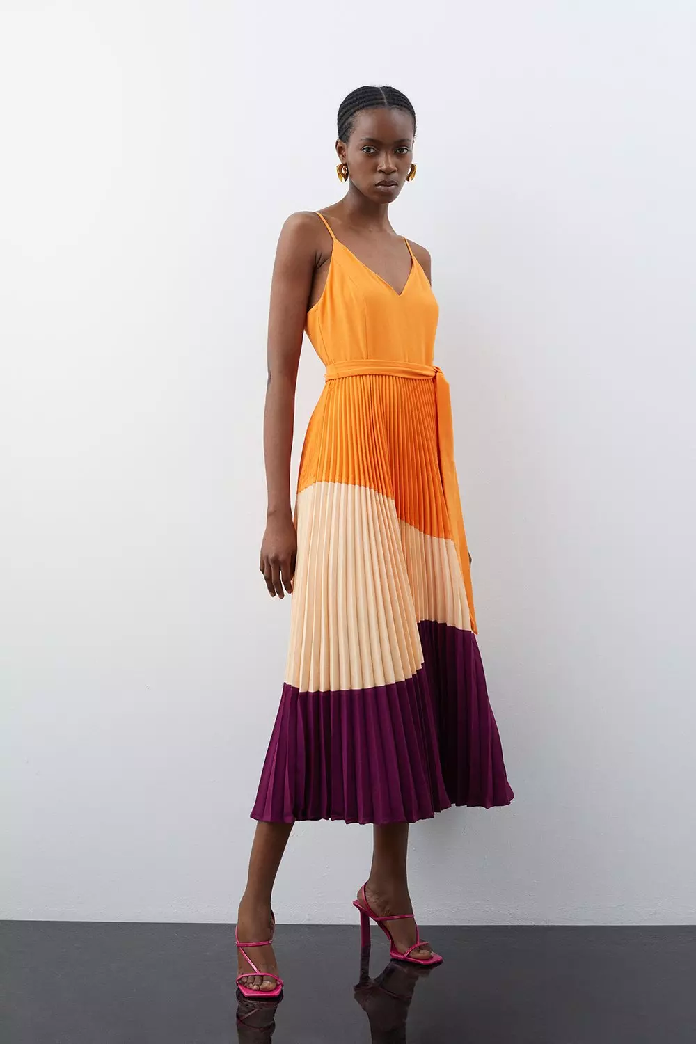 Color Block Strappy Pleated Woven Midi Shirt Dress