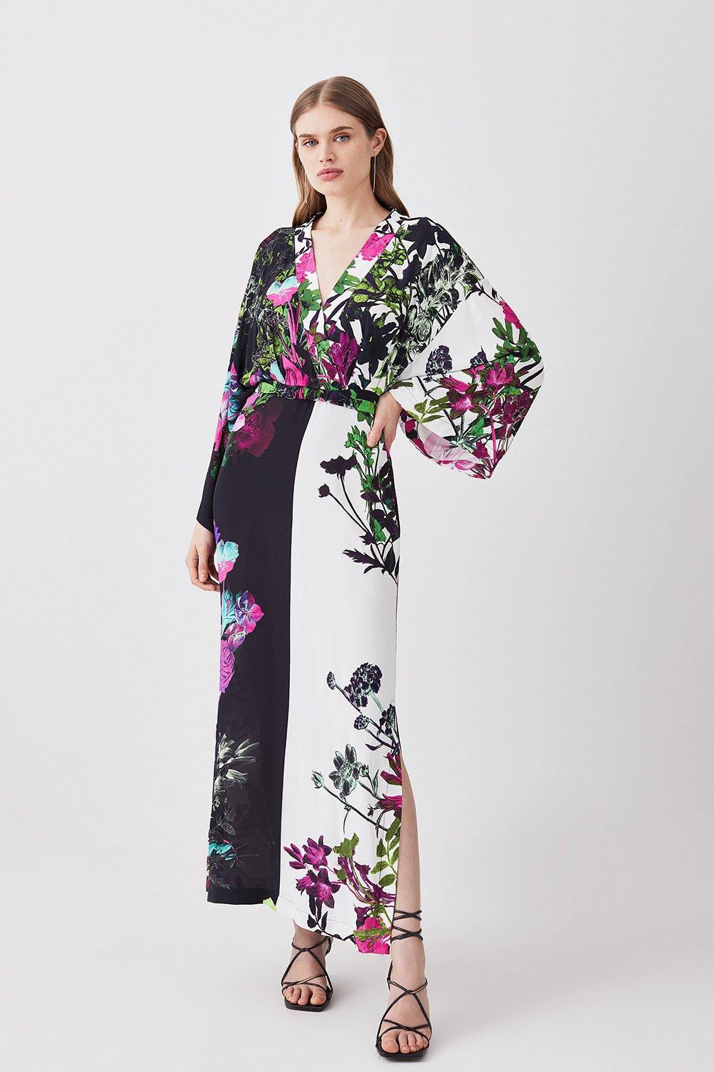 Mono Colorblock Floral Kimono Woven Midi Dress | Karen Millen