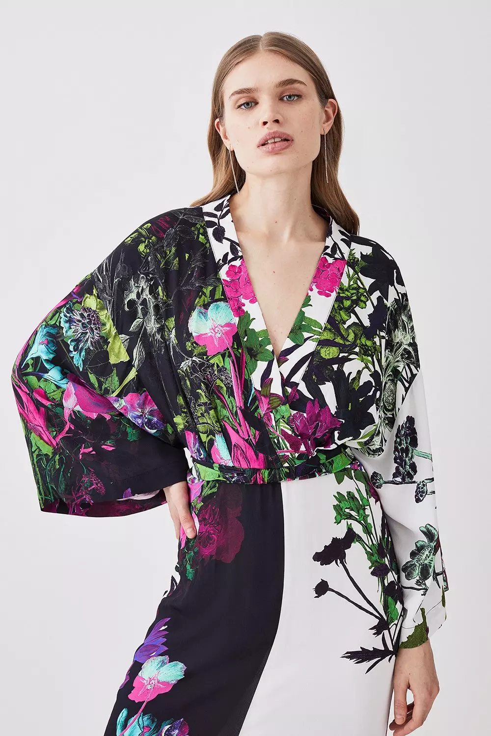 Mono Colorblock Floral Kimono Woven Midi Dress | Karen Millen