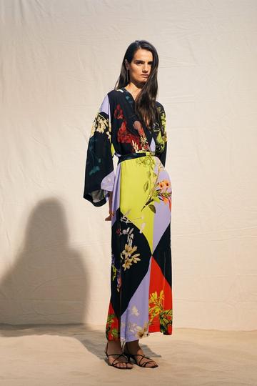 Colour Block Floral Kimono Woven Midi Dress multi