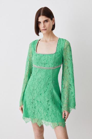 Green Diamante Trim And Lace Mini Dress